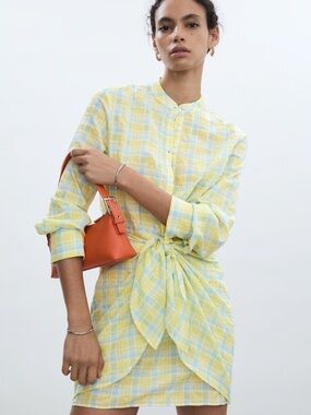 Mango MNG Yellow Blue Plaid Tie Waist Mini Dress Size 4 Cotton Blend